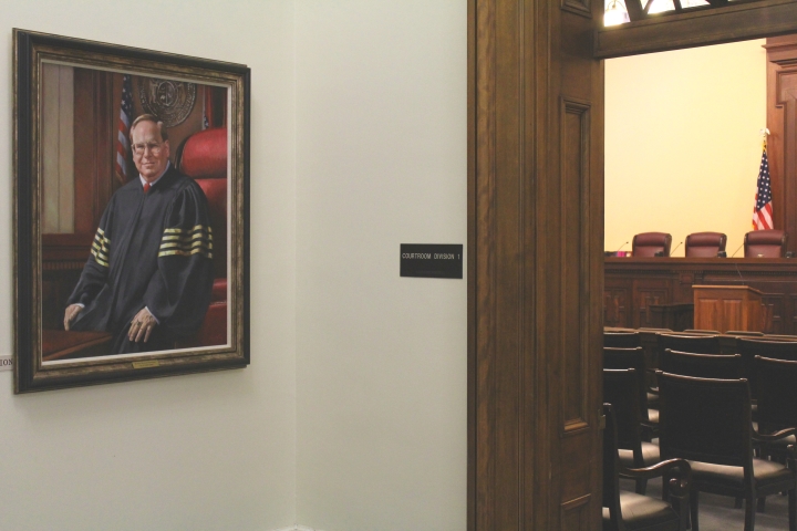 photo of Judge Teitelman's portrait, looking into the Division I courtroom