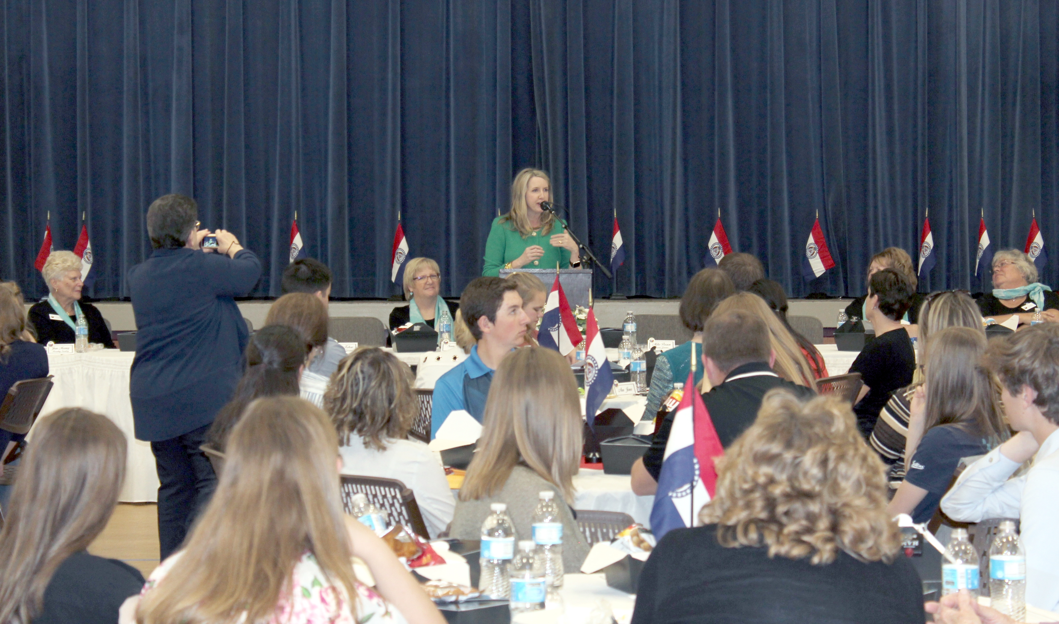 Supreme Court of Missouri Clerk Betsy AuBuchon addresses student leaders during the 2019 sophomore pilgrimage luncheon in Jefferson City