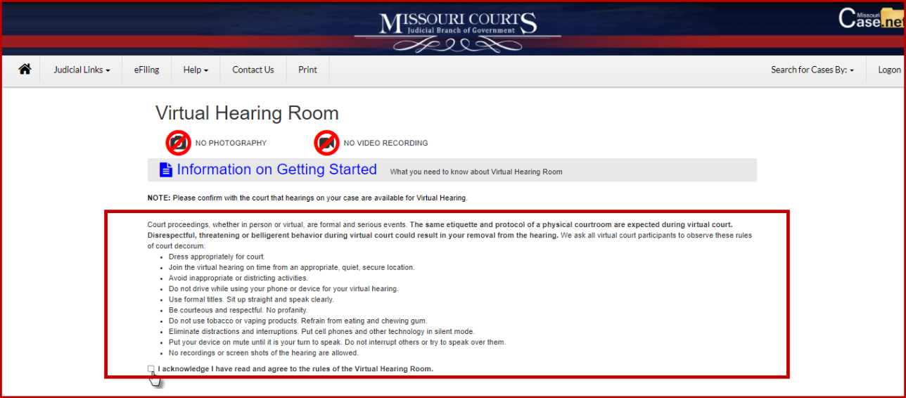 Virtual Hearing Room acknowledgement image