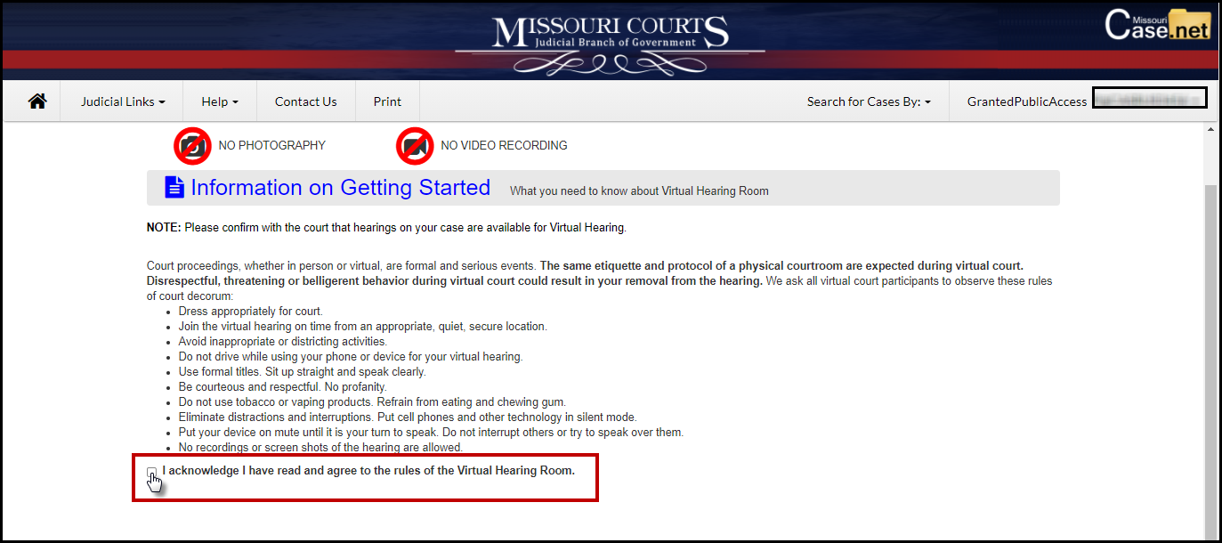 Virtual Hearing Room acknowledgement checkbox image