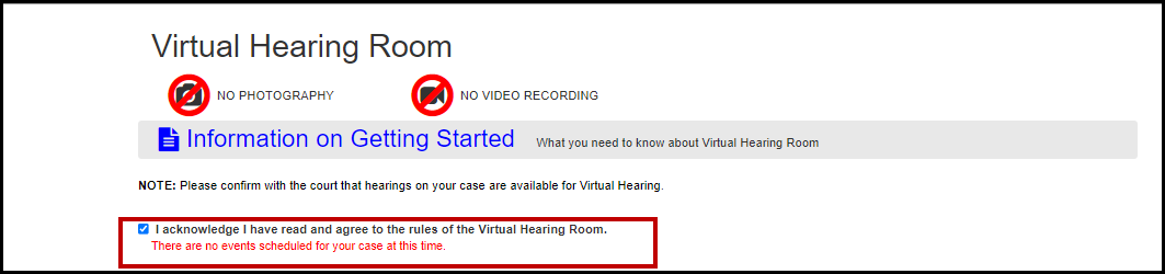 Virtual Hearing Room no events scheduled message image