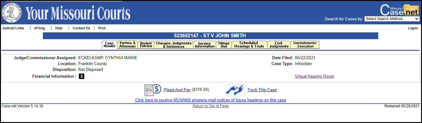 Case.net Case Information page image