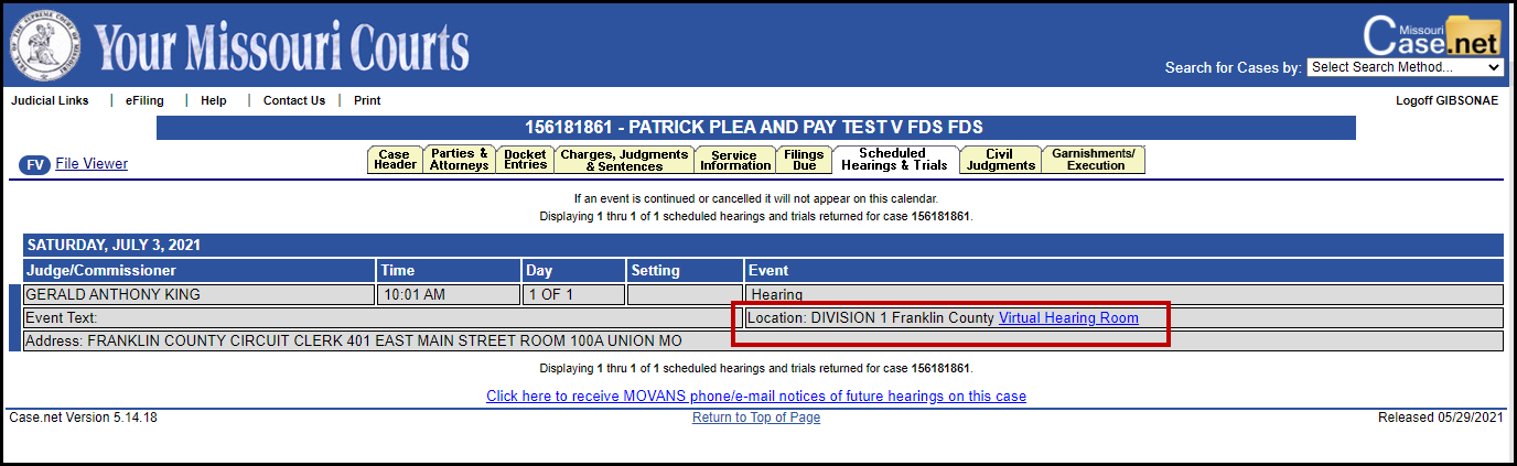Virtual Hearing Room link displayed image
