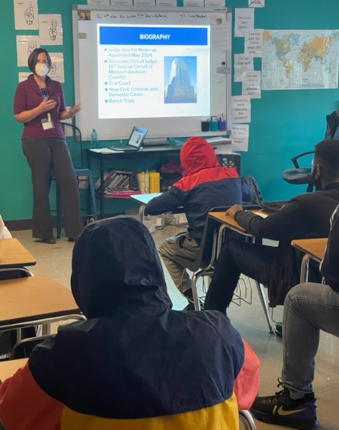 Jackson County Judge Janette Rodecap speaks with Brookside Charter School students