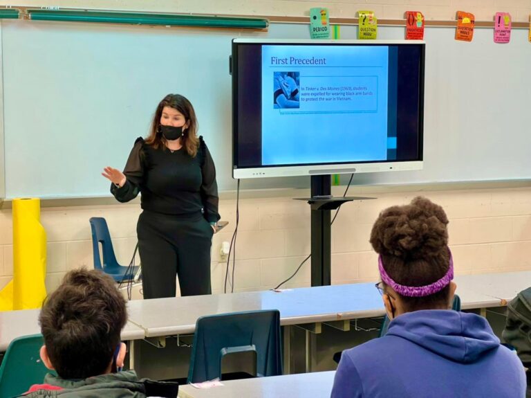 St. Louis Circuit Judge Katherine Fowler dives into the complexities of the First Amendment and freedom of speech cases with 8th grade students at Compton-Drew ILC Middle School on Friday, March 11, 2022
