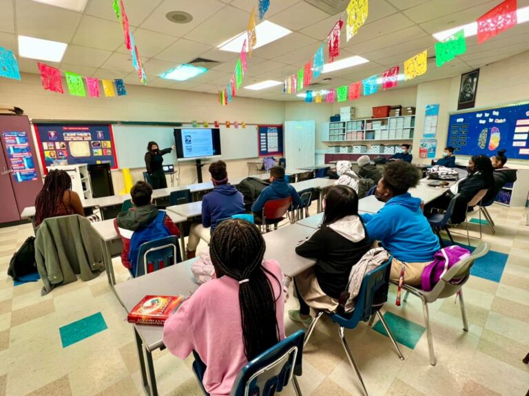 St. Louis Circuit Judge Katherine Fowler speaks with 8th graders March 11, 2022, at Compton-Drew ILC Middle School 