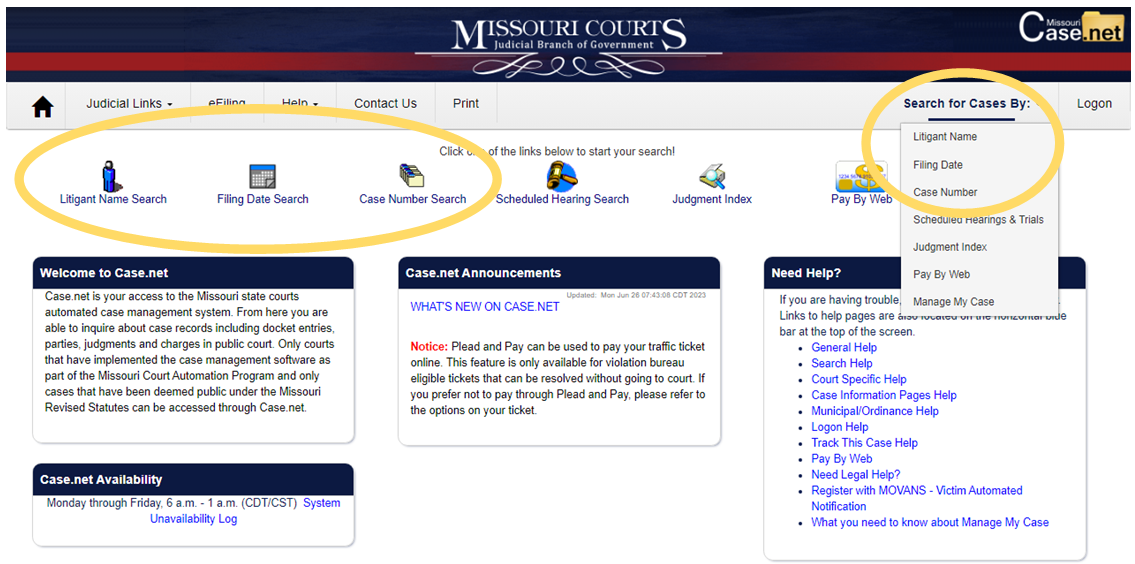 screenshot showing Case.net menus with search options for litigant name search, filing date search and case number search marked with a circle