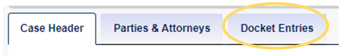 screenshot showing Case.net tabs for Case Header, Parties & Attorneys, and Docket Entries, with the Docket Entries tab circled