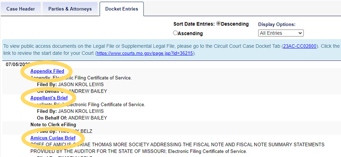 screenshot showing blue hyperlinks in Case.net docket entries marked with gold circles
