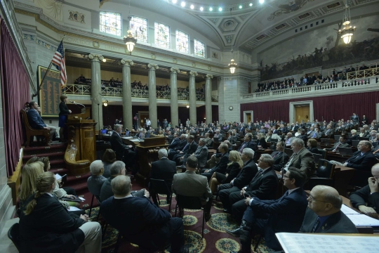 Chief Justice Mary Russell speaks to a joint session of the legislature