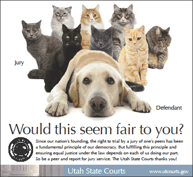 Graphic of cat jury and dog defendant, courtesy of the Utah State Courts